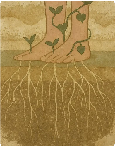 Illustration of bare feet rooted into the earth with new shoots growing